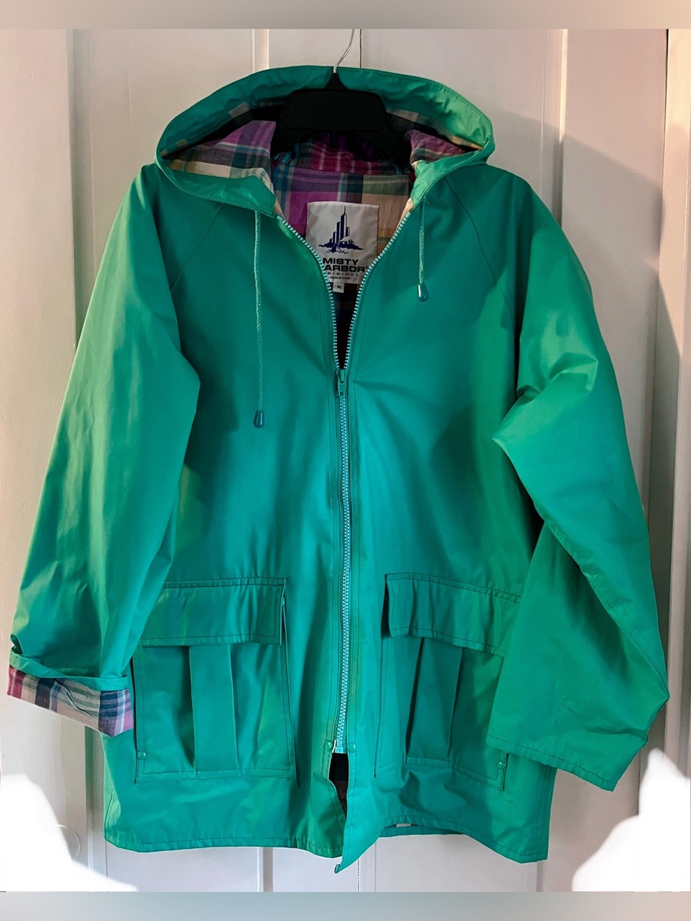 Misty Harbor Vintage Teal Hooded Windbreaker Rain Jacket Plaid lining size M